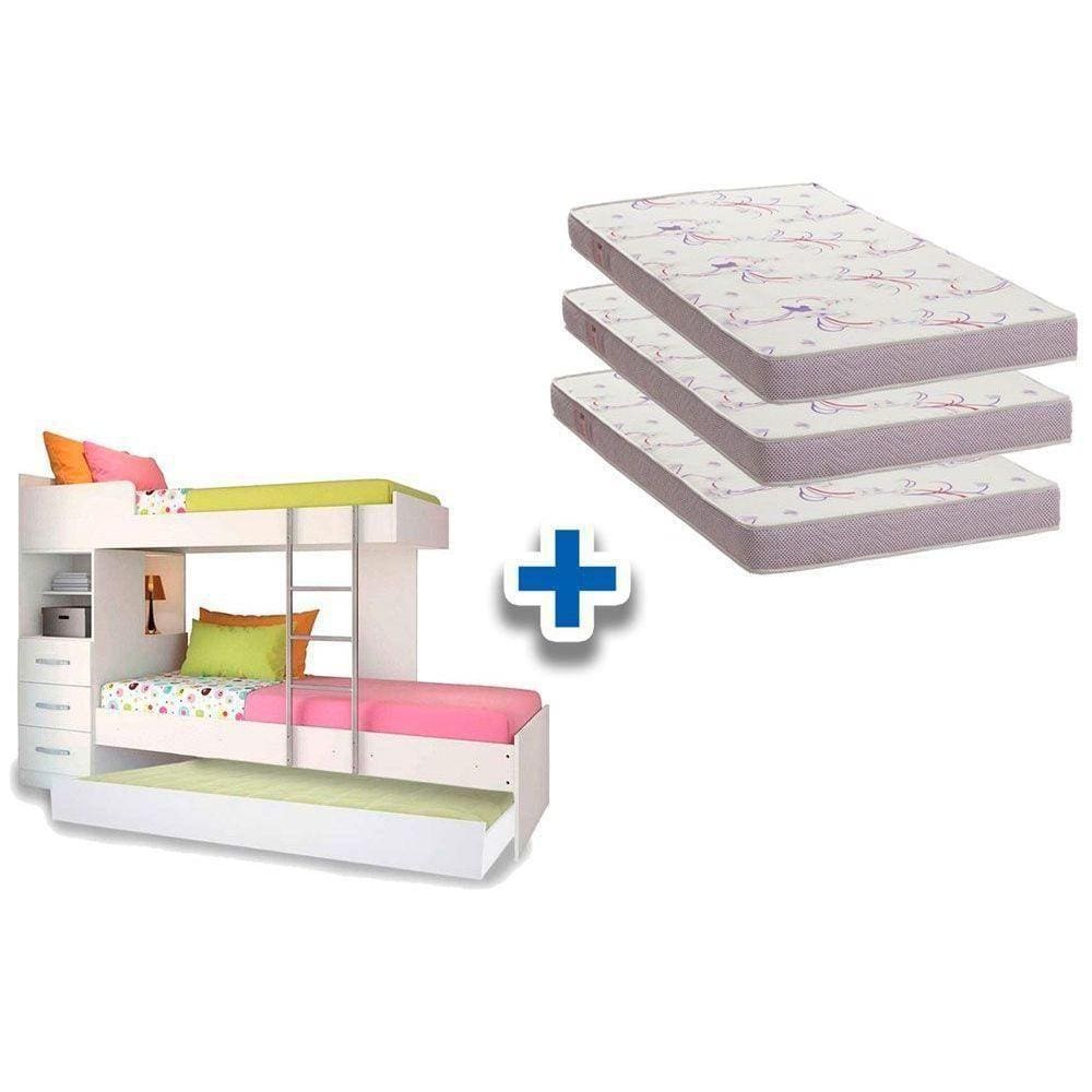 Colchão Physical Ortobom (3Un) + Beliche Plus C/ Auxiliar Branco