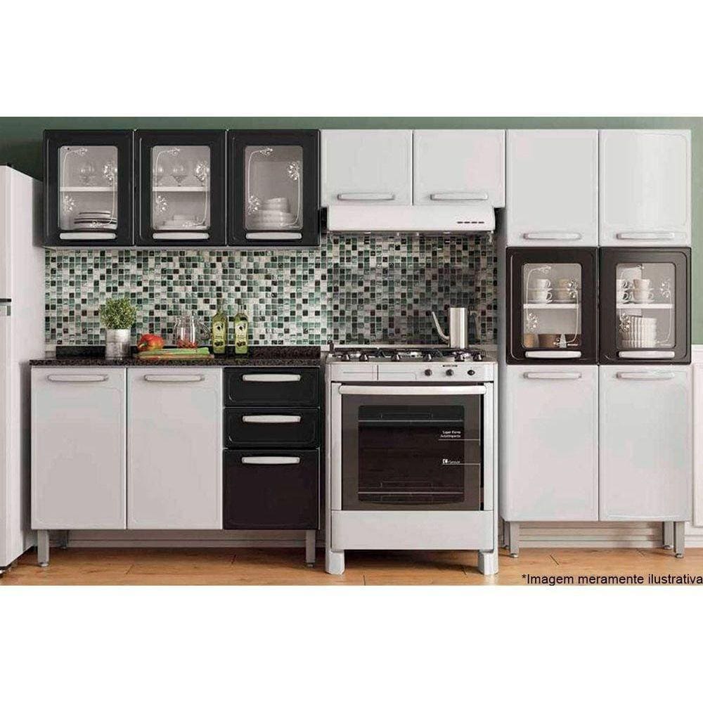 Cozinha Modulada Completa Evidence 4 Peças (2 Armários + 1 Balcão + 1 Paneleiro) C4p56 Branco/preto