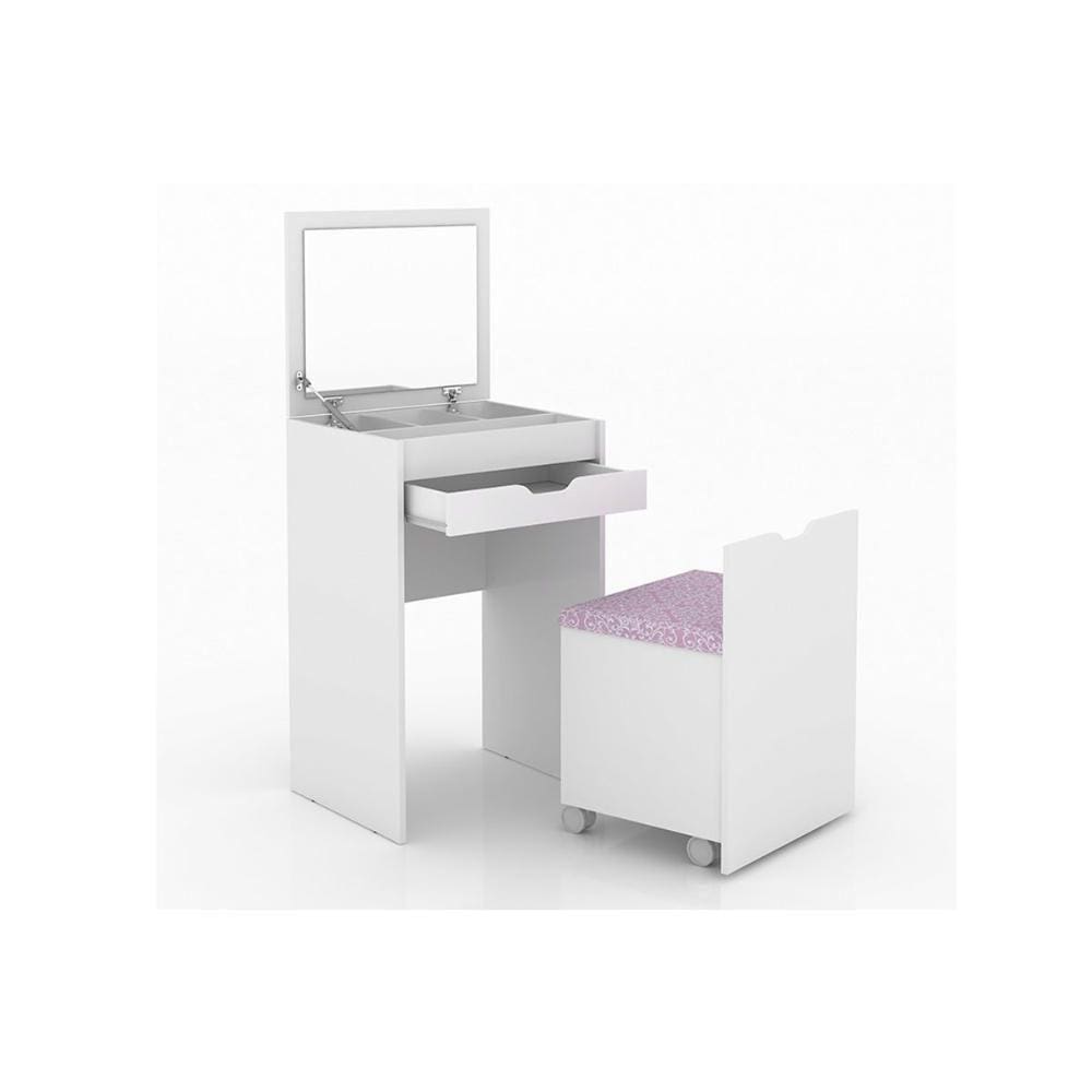 Penteadeira Camarim Juvenil Pe-2007 1 Gaveta C/ Gaveta E Puff Branco - Tecno Mobili