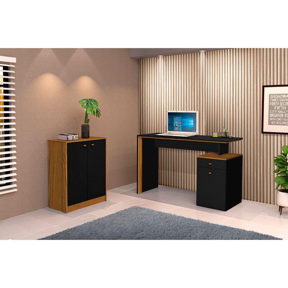 Conjunto e 1 Mesa Escrivaninha e 1 Armário Balcão Office Escritório Preto com Freijó - Rede Móveis