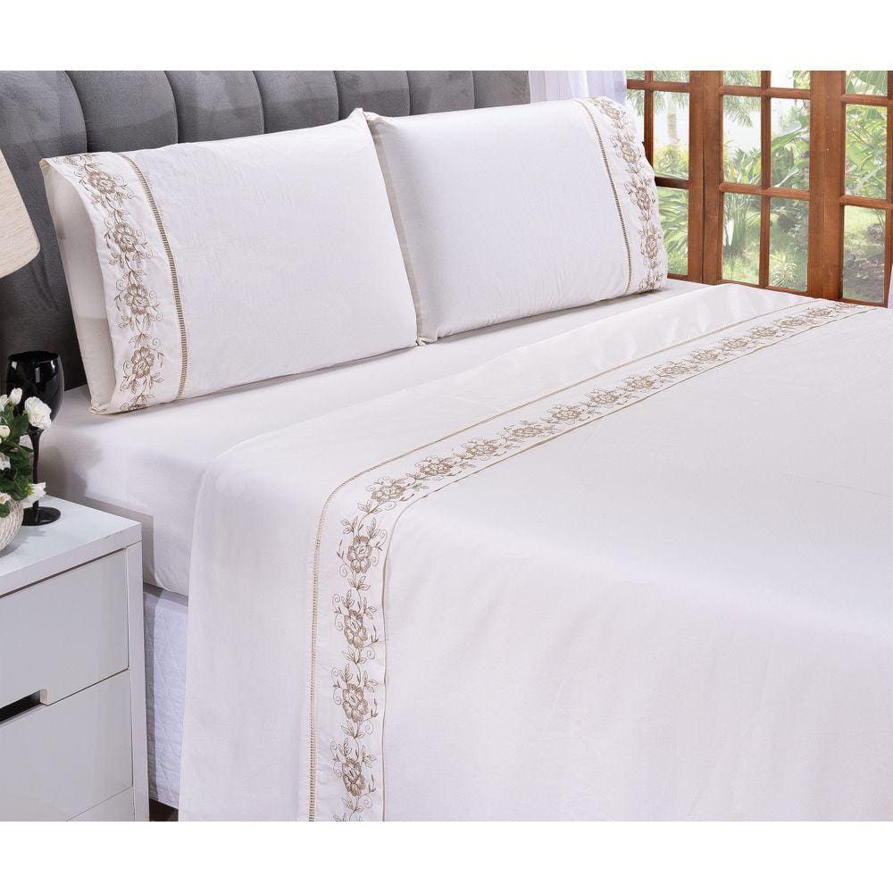 Jogo lençol Floral quarto casal Queen bordado 4 peças 2fronha
