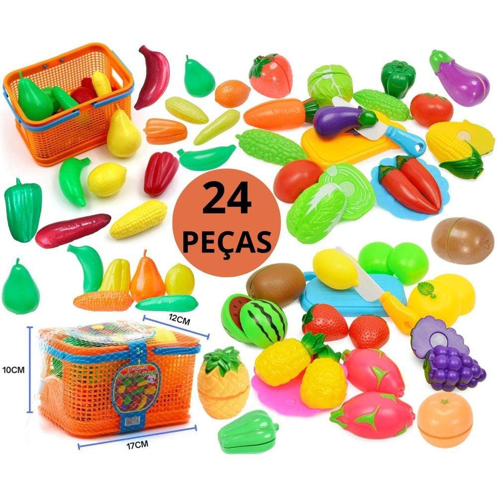 Kit 24 Peças Infantil COMIDINHAS DE BRINQUEDO Hortifruti Feirinha CESTA COM FRUTAS E LEGUMES + Tábua