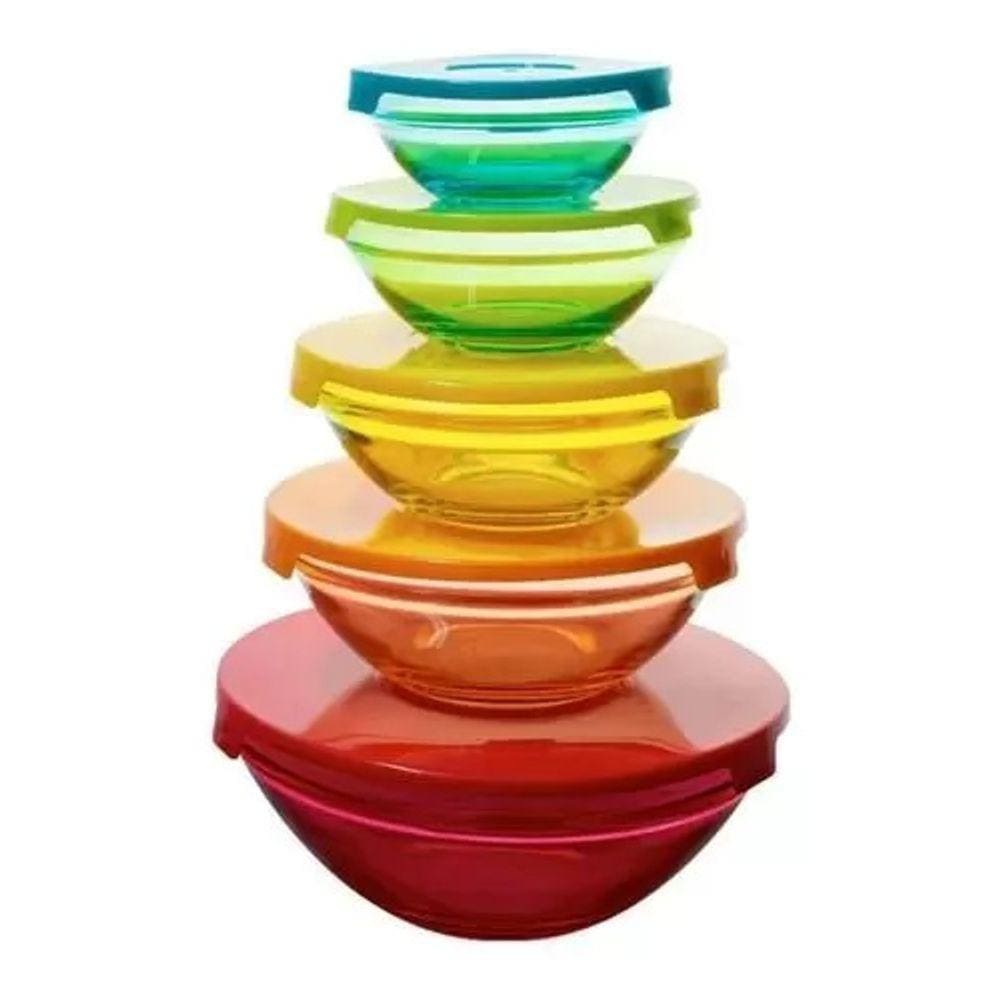 Tigela De Vidro Color Com Tampa Jogo Com 5 Peças Jgti002