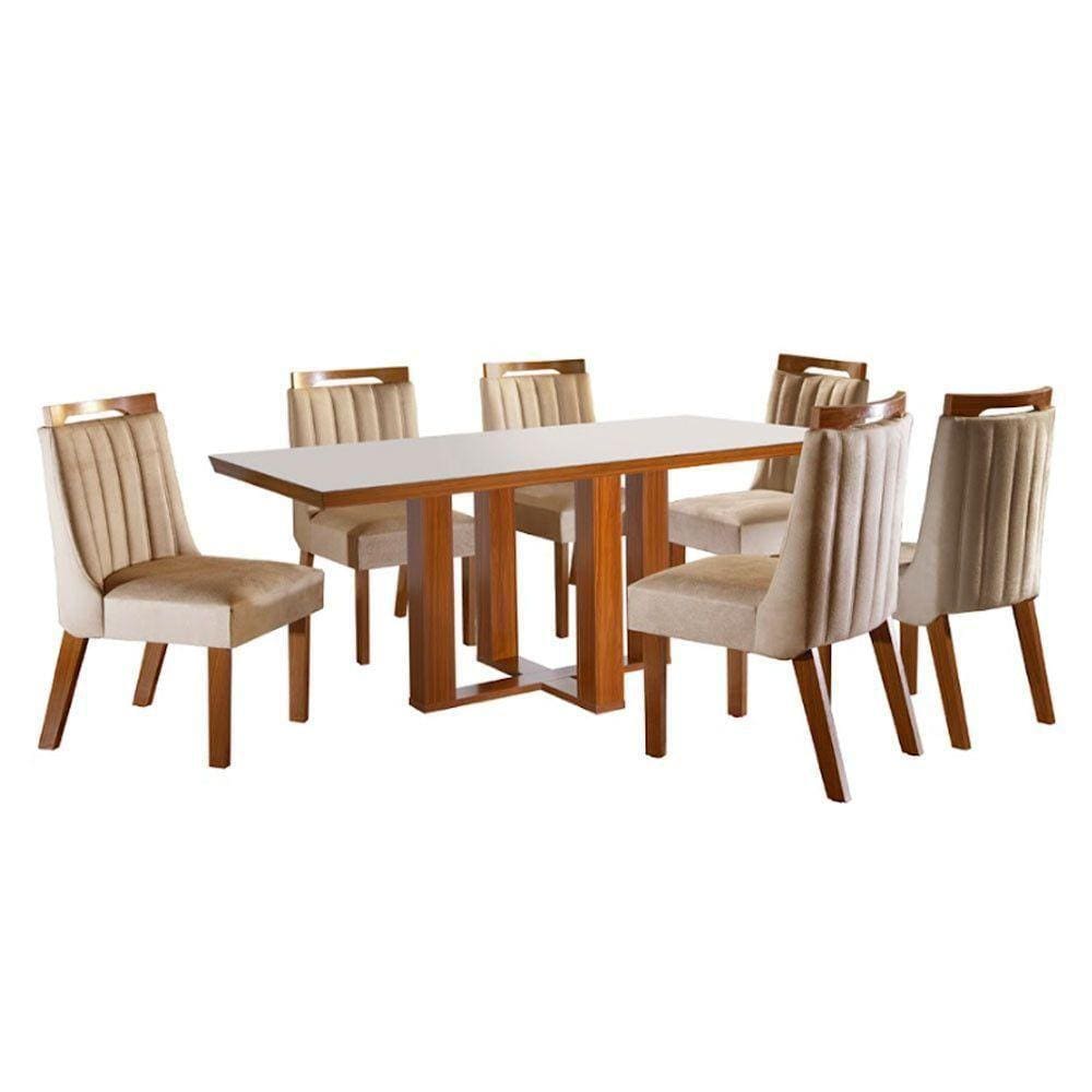 Conjunto Sala De Jantar Lottus Mesa Tampo Mdf E Vidro Com 6 Cadeiras Castanho/off White/bege