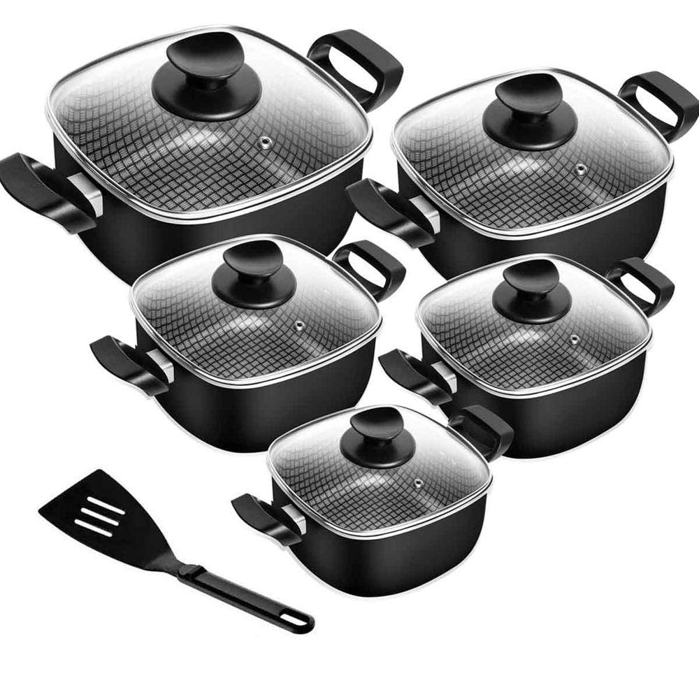 Jogo De Panelas Antiaderente Caçarola Quadrada Premium Preto 5 Peças Tampa De Vidro Patolux