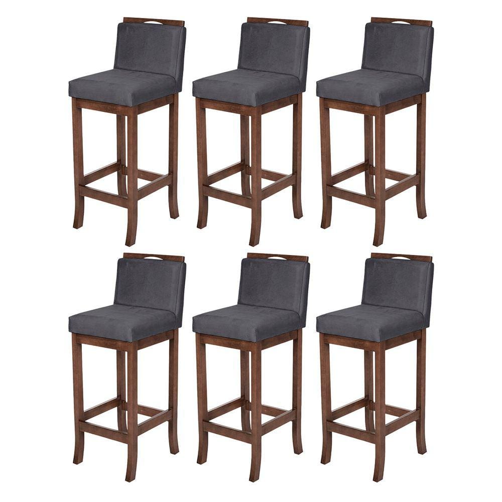 Kit 6 Banquetas Média para Cozinha Turim Madeira Capuccino Suede Cinza CCS