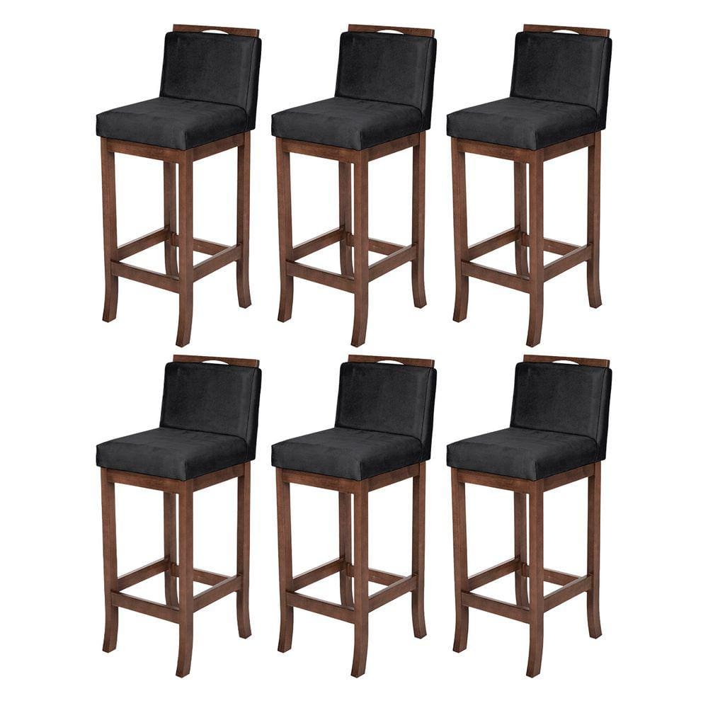 Kit 6 Banquetas Média para Cozinha Americana Turim Madeira Capuccino Suede Preto CCS