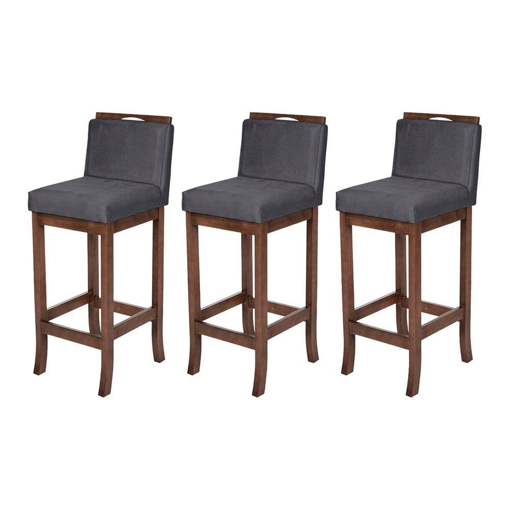 Kit 3 Banquetas Alta para Balcão Turim Madeira Capuccino Suede Cinza CCS