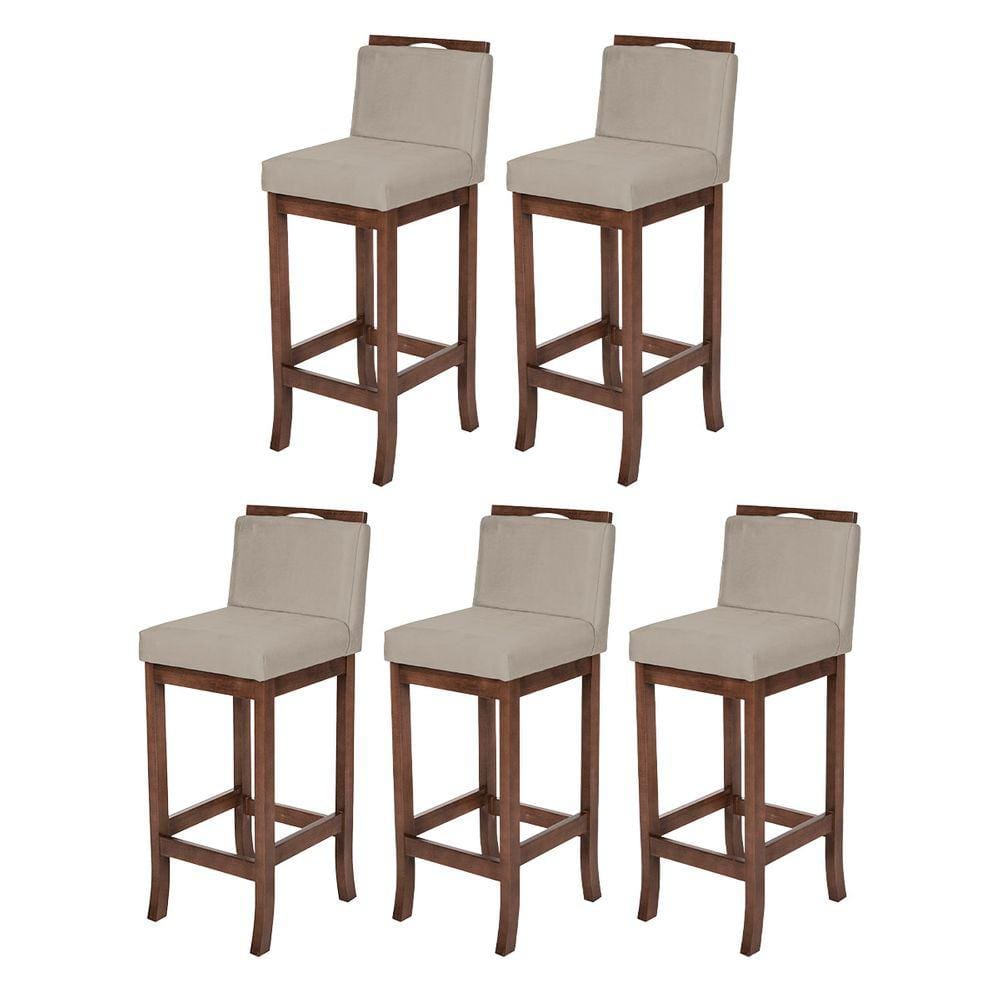 Kit 5 Banquetas Alta para Balcão Turim Madeira Capuccino Suede Bege CCS