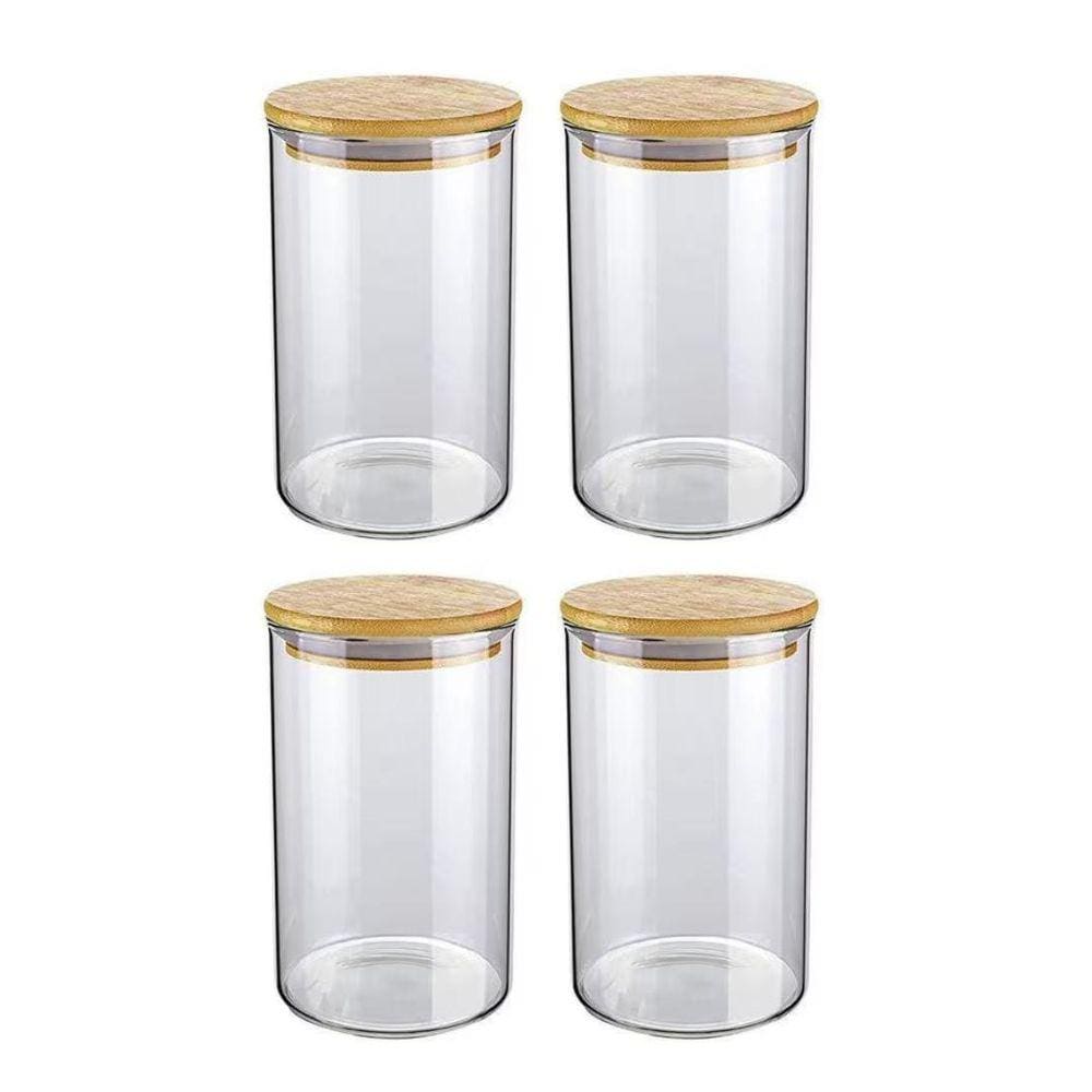 Kit 4 Potes Hermético De Vidro Tampa Bambu Para Condimentos