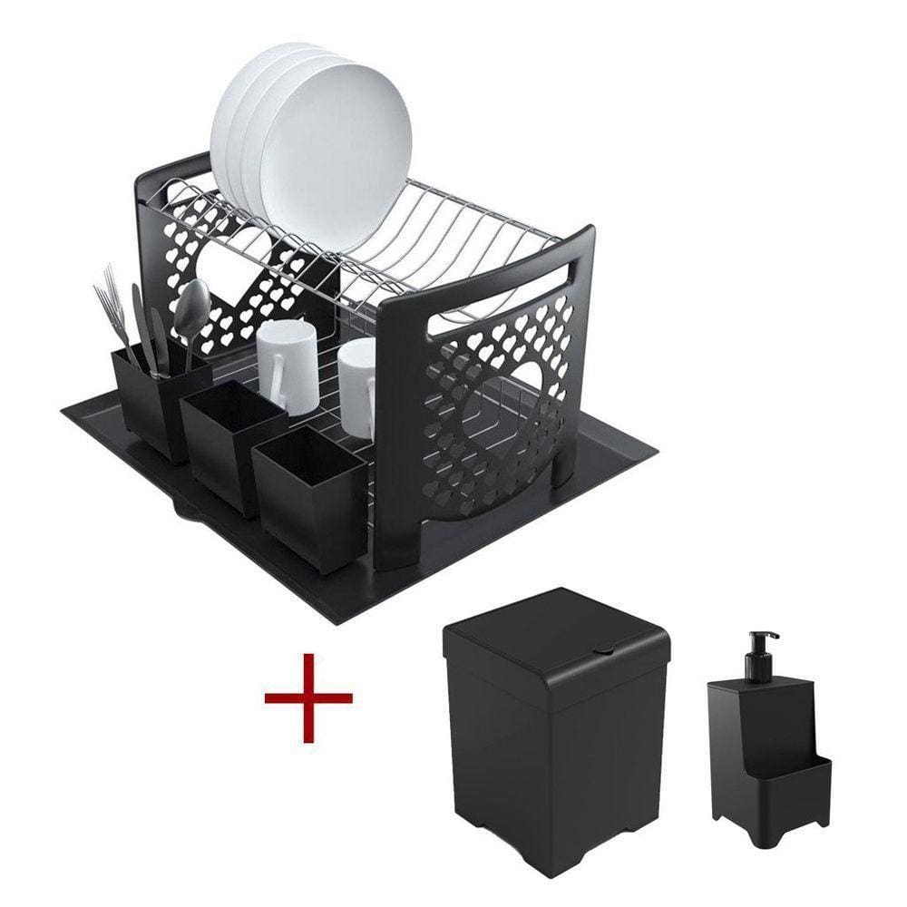 Kit Cozinha Escorredor Coração + Lixeira 5,4l + Dispenser Preto