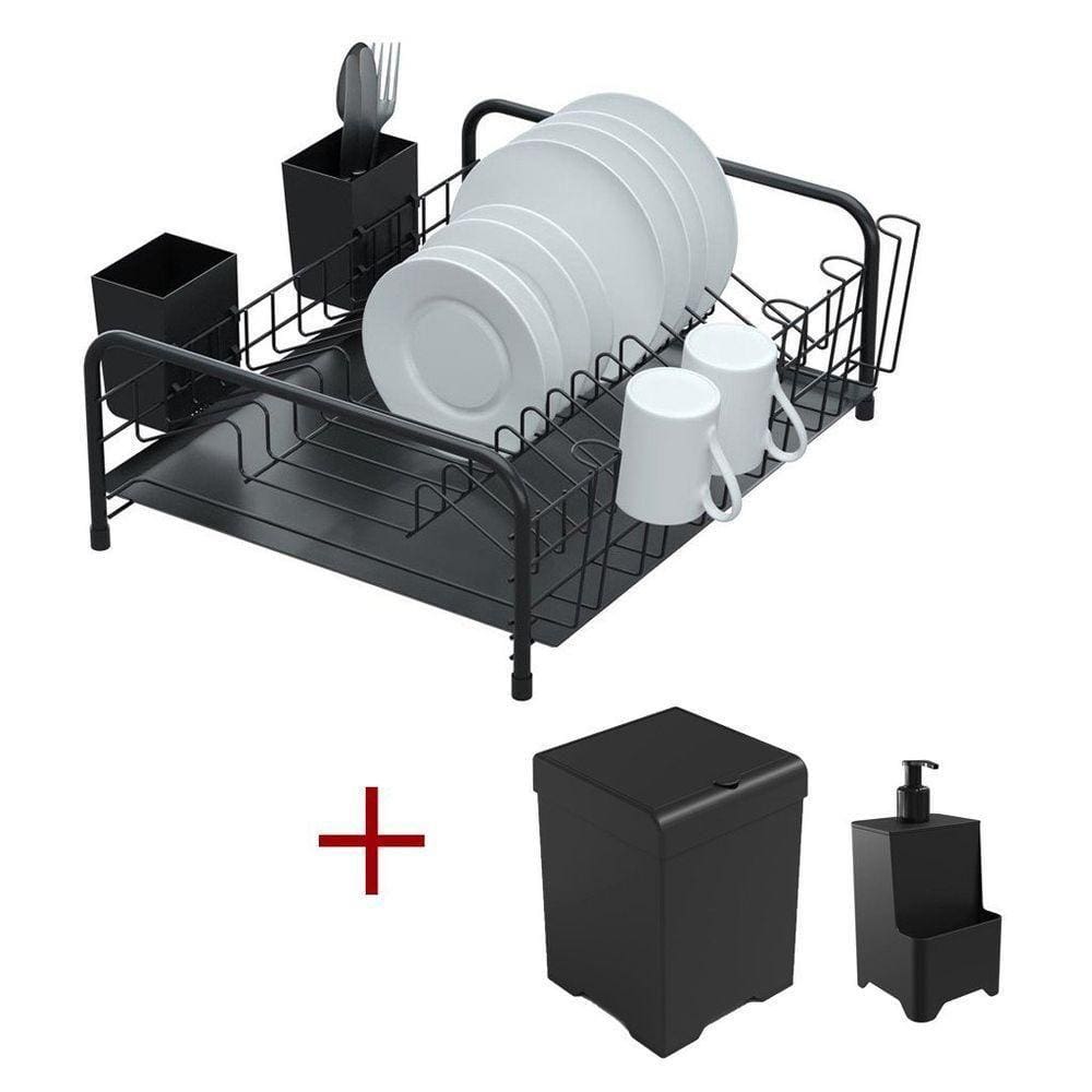 Kit Cozinha Escorredor Tubular Preto + Lixeira 5,4l+ Dispenser