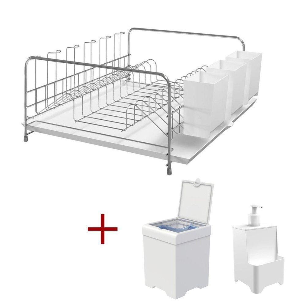 Kit Cozinha Escorredor Com Bandeja + Lixeira 5,4l+ Dispenser Branco