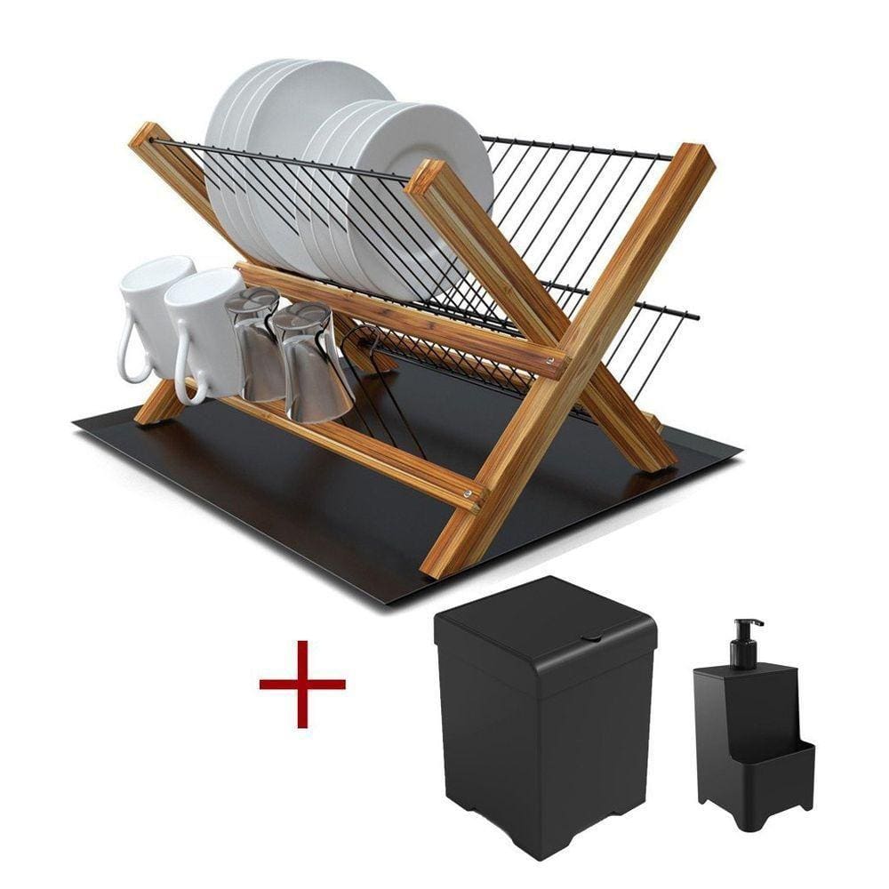 Kit Cozinha Escorredor De Madeira Com Bandeja + Lixeira 5,4l + Dispenser Preto