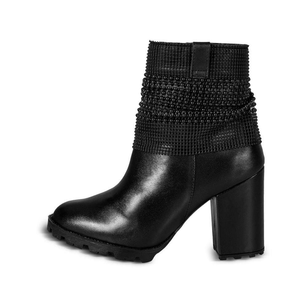 Bota Coturno Feminina Couro Zíper Apliques Cano Médio Casual