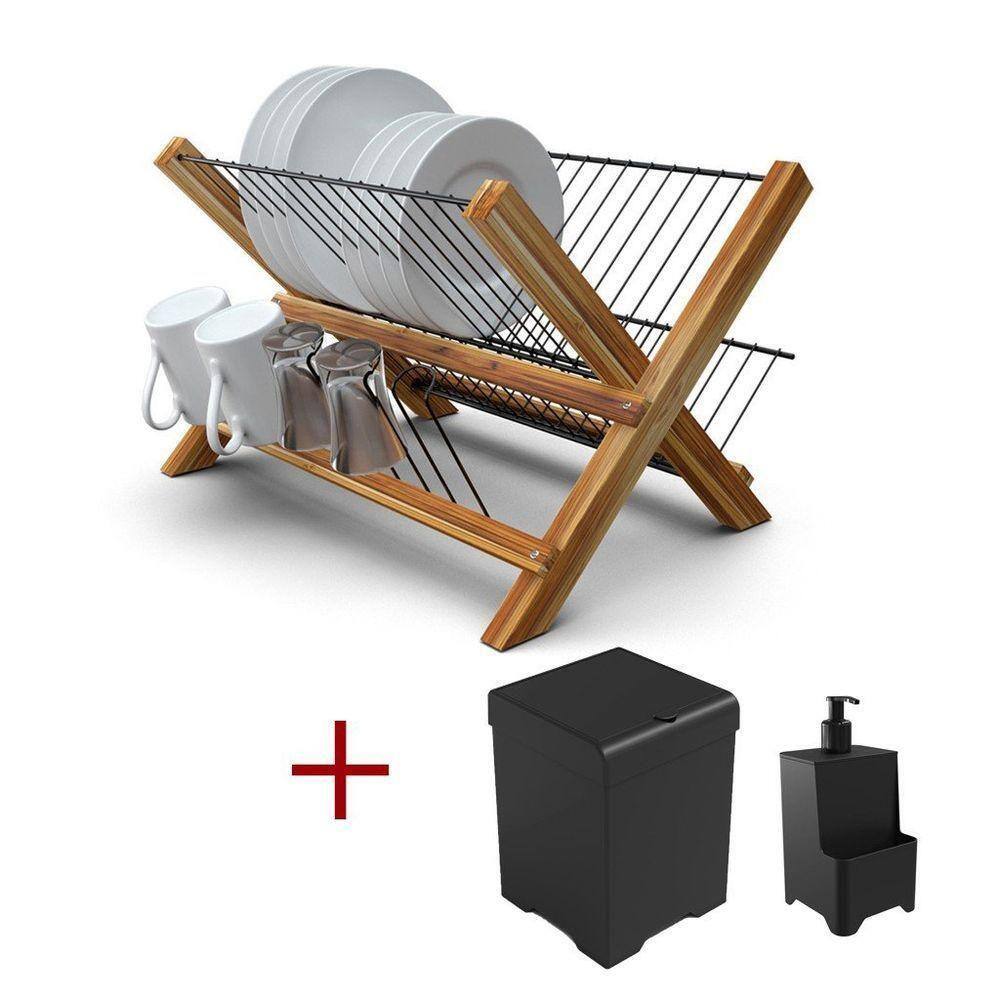 Kit Cozinha Escorredor De Madeira + Lixeira 5,4l + Dispenser Preto