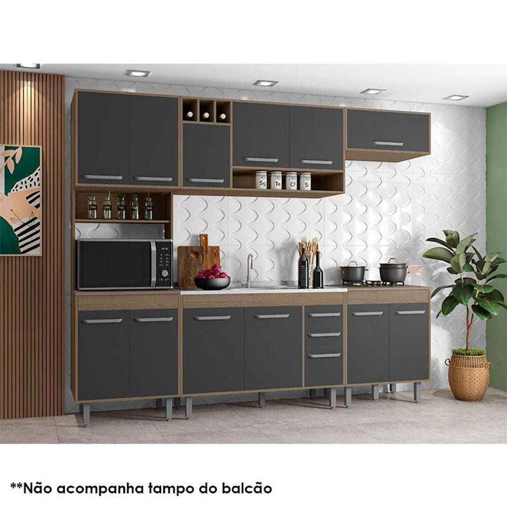 Cozinha 5 Peças com Balcão de Pia Ambiente Barcelona Carvalho Grafite - Poliman
