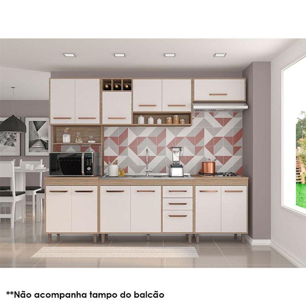 Cozinha 5 Peças com Balcão de Pia Ambiente Barcelona Carvalho OAK Off White - Poliman