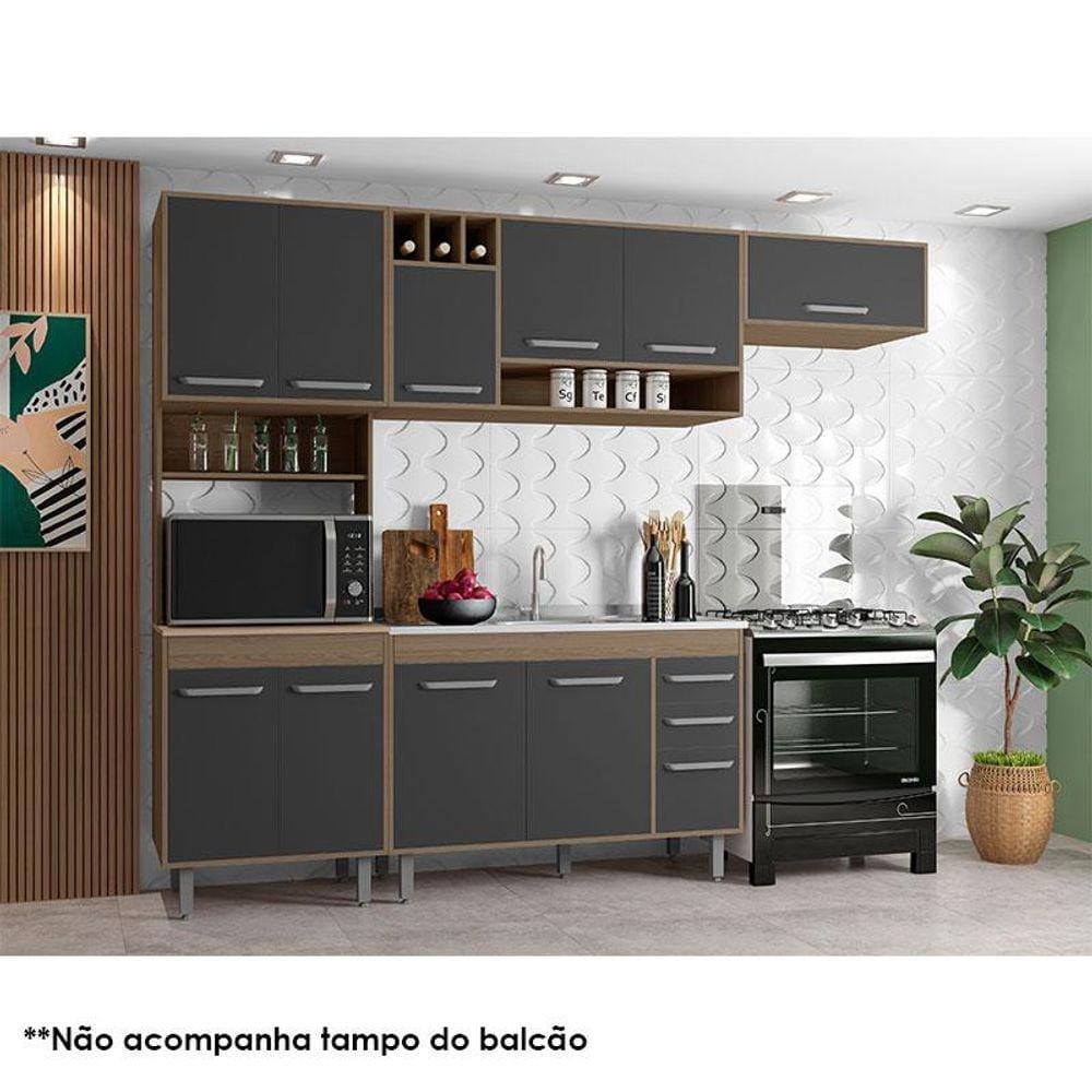 Cozinha 4 Peças Ambiente Barcelona com Balcão de Pia Carvalho Grafite - Poliman