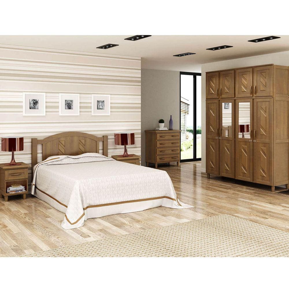 Quarto de Casal Grécia: Guarda-Roupa 8 Portas, Cama, Cômoda 6 Gavetas, 2 Mesas Cabeceiras Madeira Pinus Imbuia - Cavazotto
