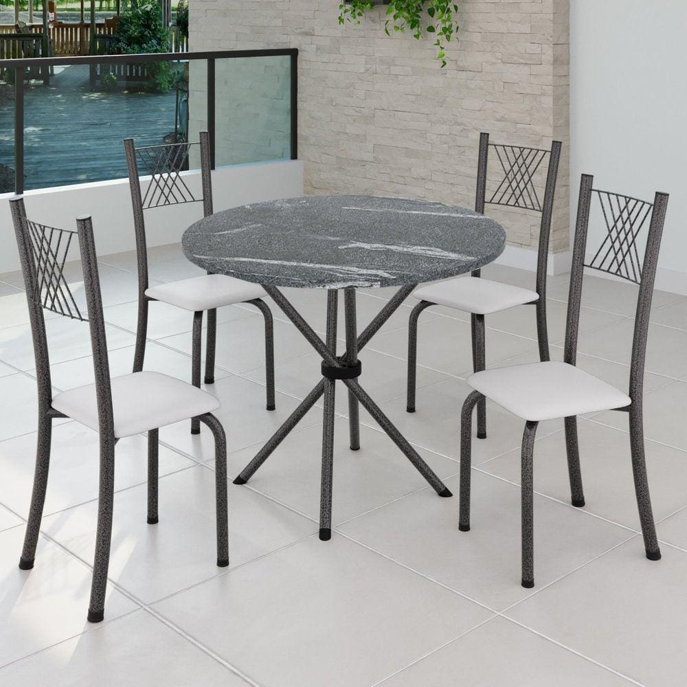 Conjunto de Jantar Mesa Tampo Redondo de Granito Topázio com 4 Cadeiras Sara Yescasa Branco Liso/Mart Prata