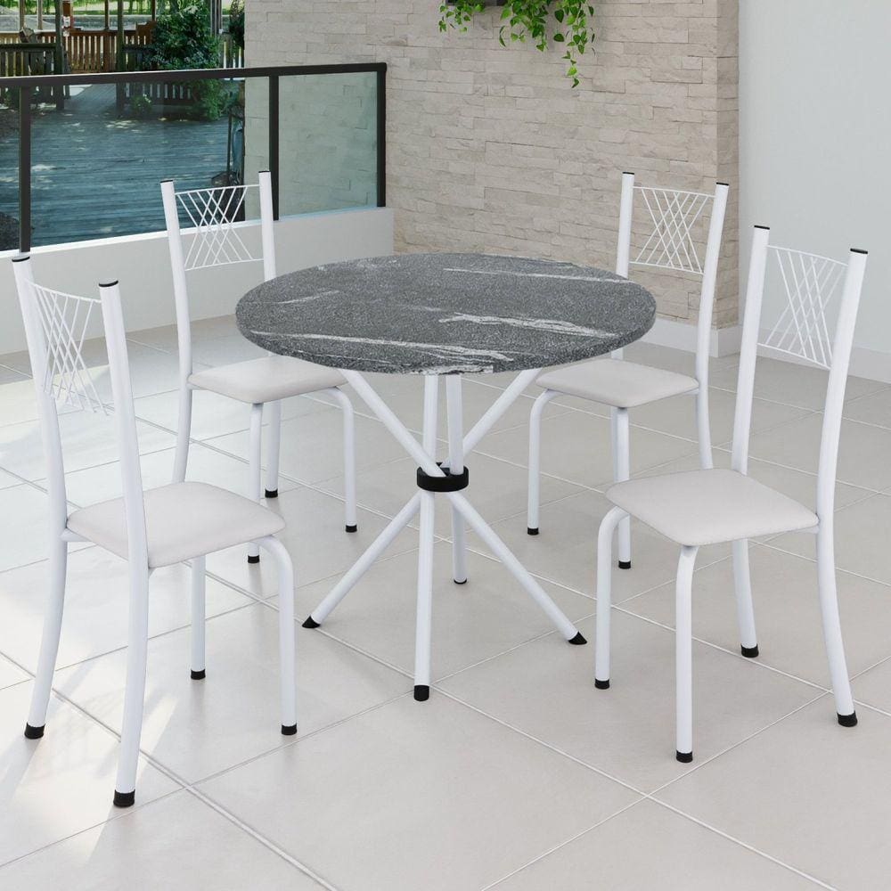 Conjunto de Jantar Mesa Tampo Redondo de Granito Topázio com 4 Cadeiras Sara Yescasa Branco Liso/Branco