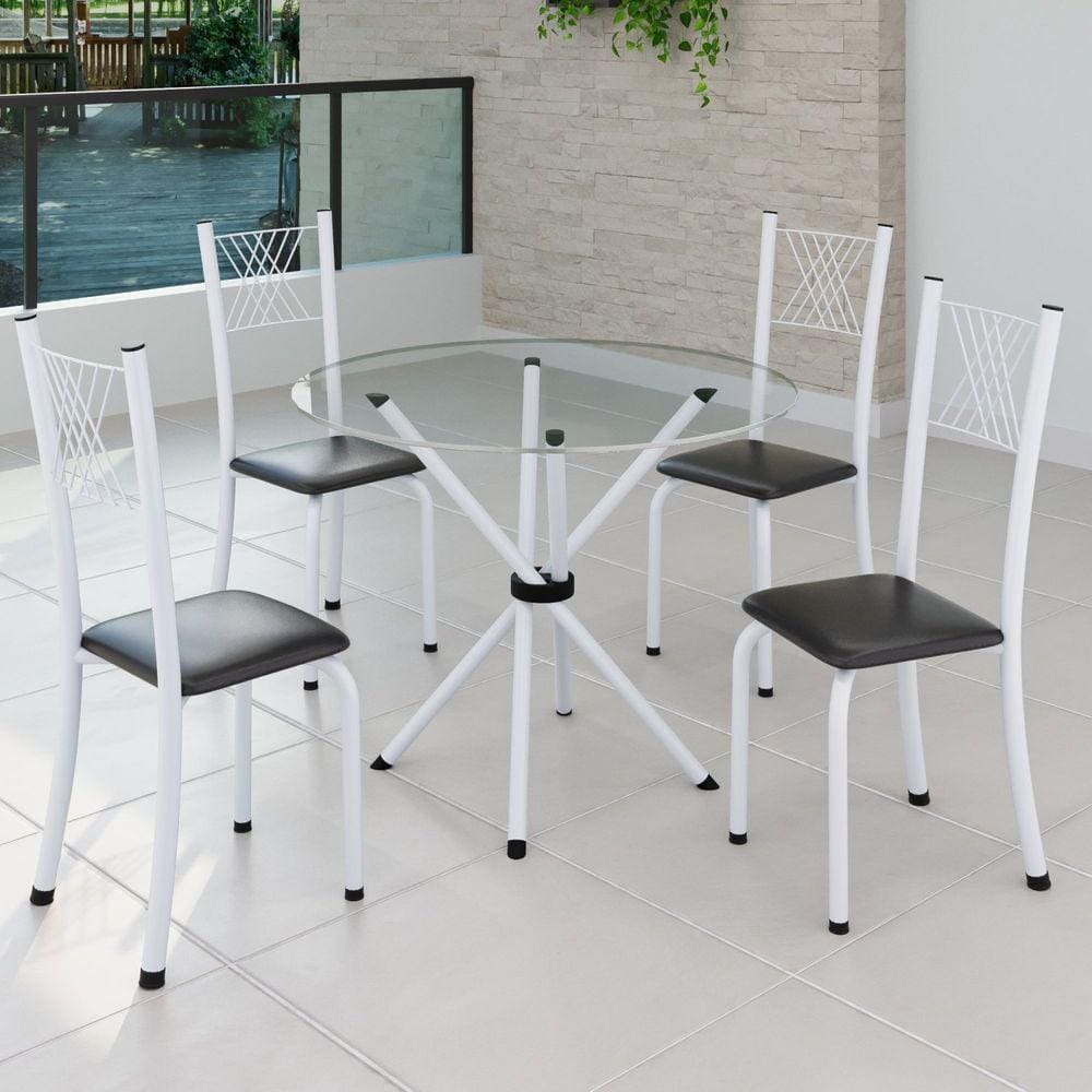 Conjunto de Jantar Mesa Tampo Redondo de Vidro Incolor com 4 Cadeiras Sara Yescasa Preto Liso/Branco