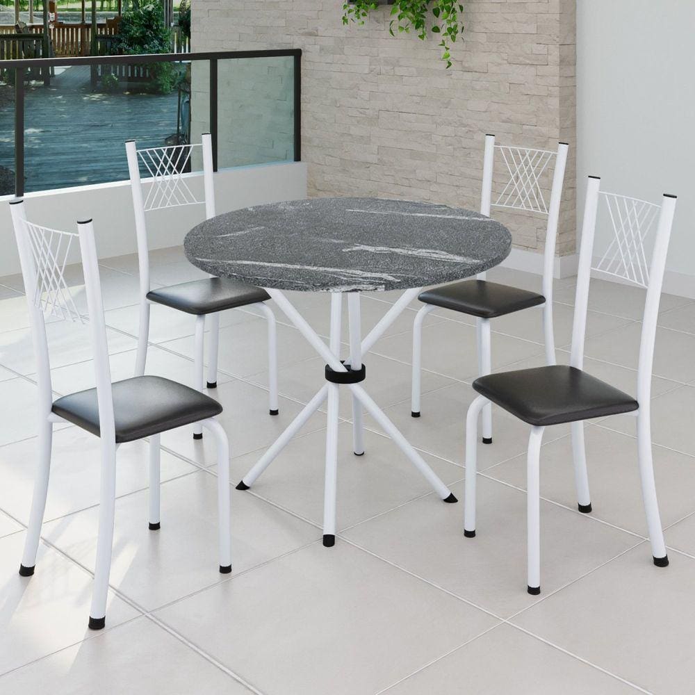 Conjunto de Jantar Mesa Tampo Redondo de Granito Topázio com 4 Cadeiras Sara Yescasa Preto Liso/Branco