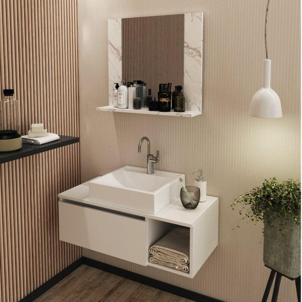 Conjunto Suspenso para Banheiro com Espelheira 80cm Branco