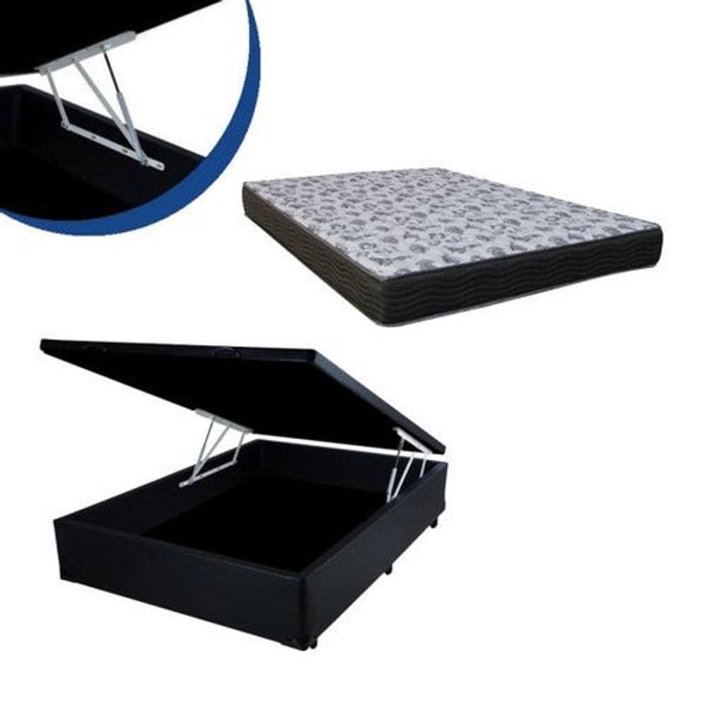 Cama Box Baú Casal Conforto Sintético Preto + Colchão Casal Conforto Espuma D33 Com EPS 26x138x188