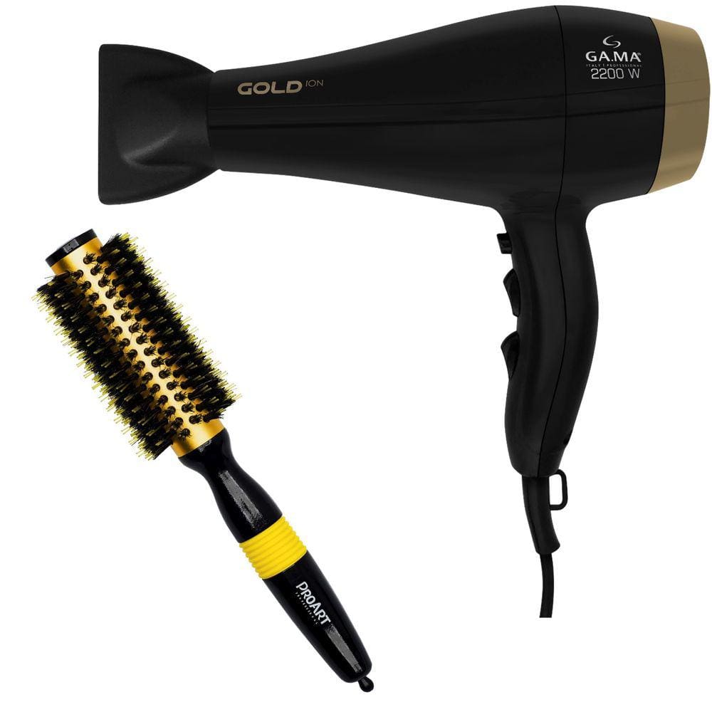 Kit - Secador Gama Gold Ion 2200W 127V + Escova Proart Metallic Pro Amarela 25Mm Epm14