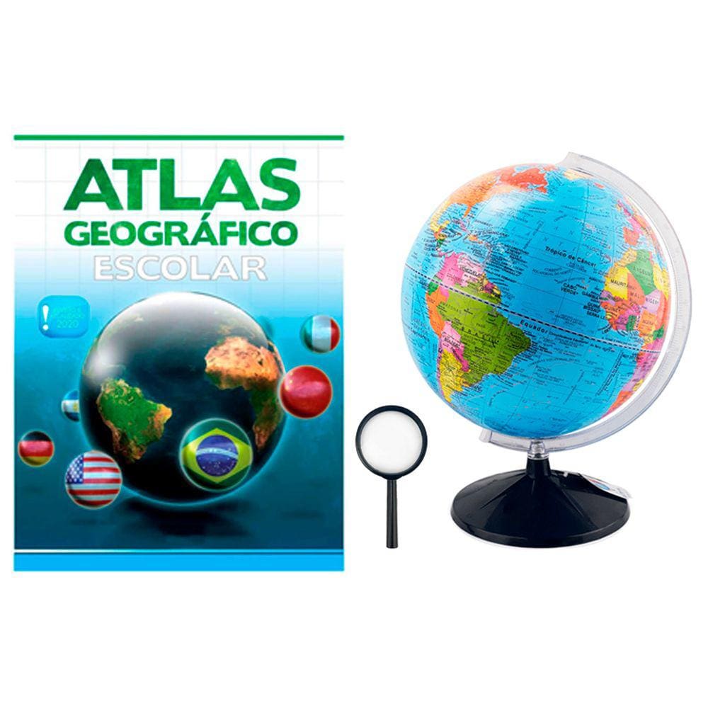 Kit Globo Terrestre Profissional Continental 30cm + Lupa +  Livro Atlas Escolar Com Divisão De Países Base Em Plástico