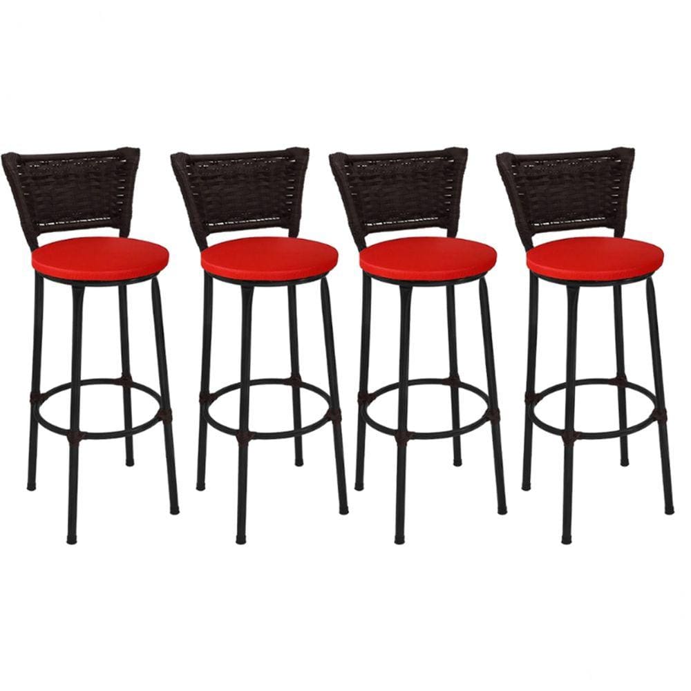 Kit 4 Banquetas Altas Preta com Encosto Junco Argila Assento Vermelho