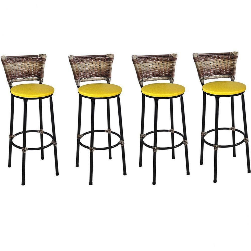 Kit 4 Banquetas Altas Preta com Encosto Junco Capuccino Assento Amarelo