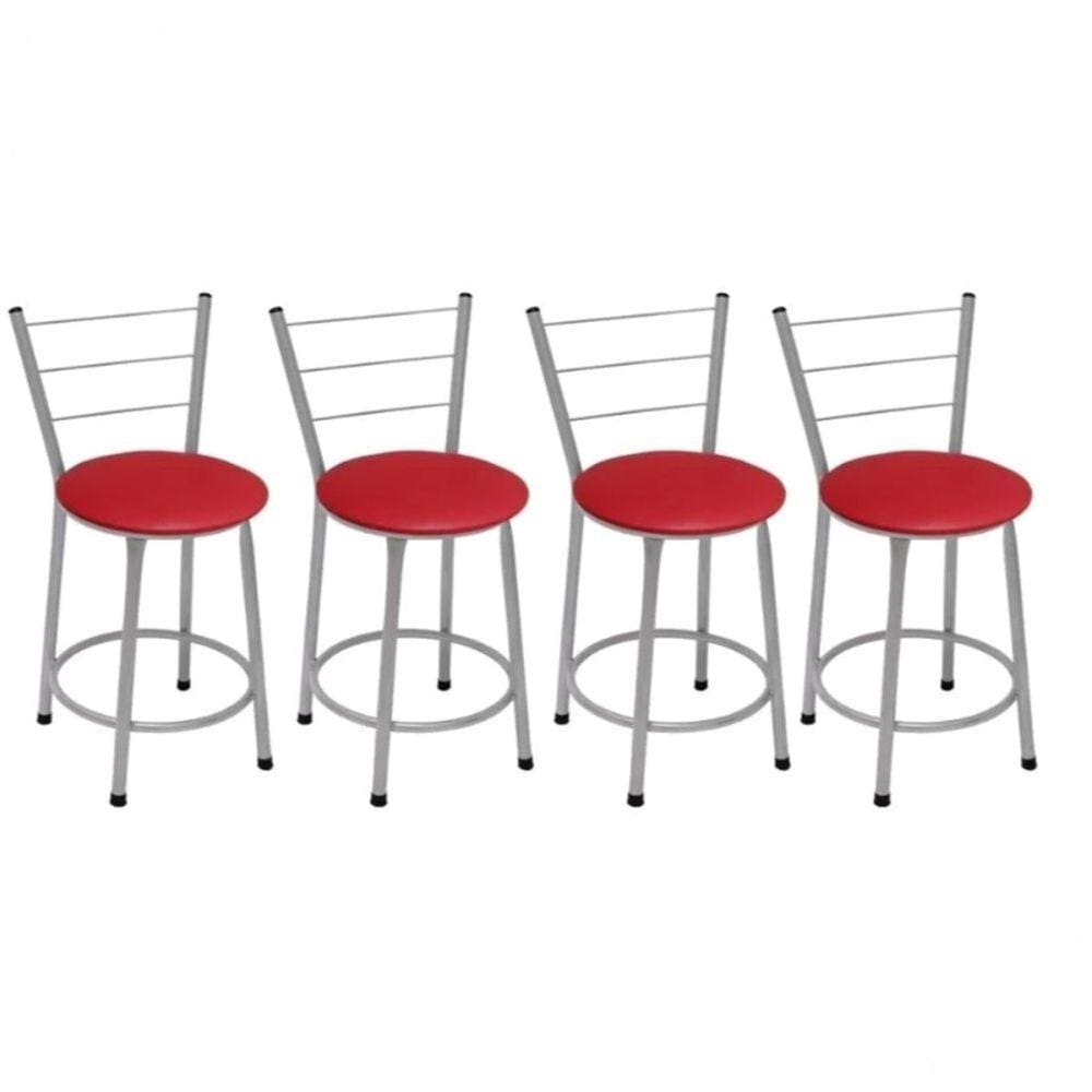Kit 4 Banquetas Baixas Prata com Encosto Assento Vermelho