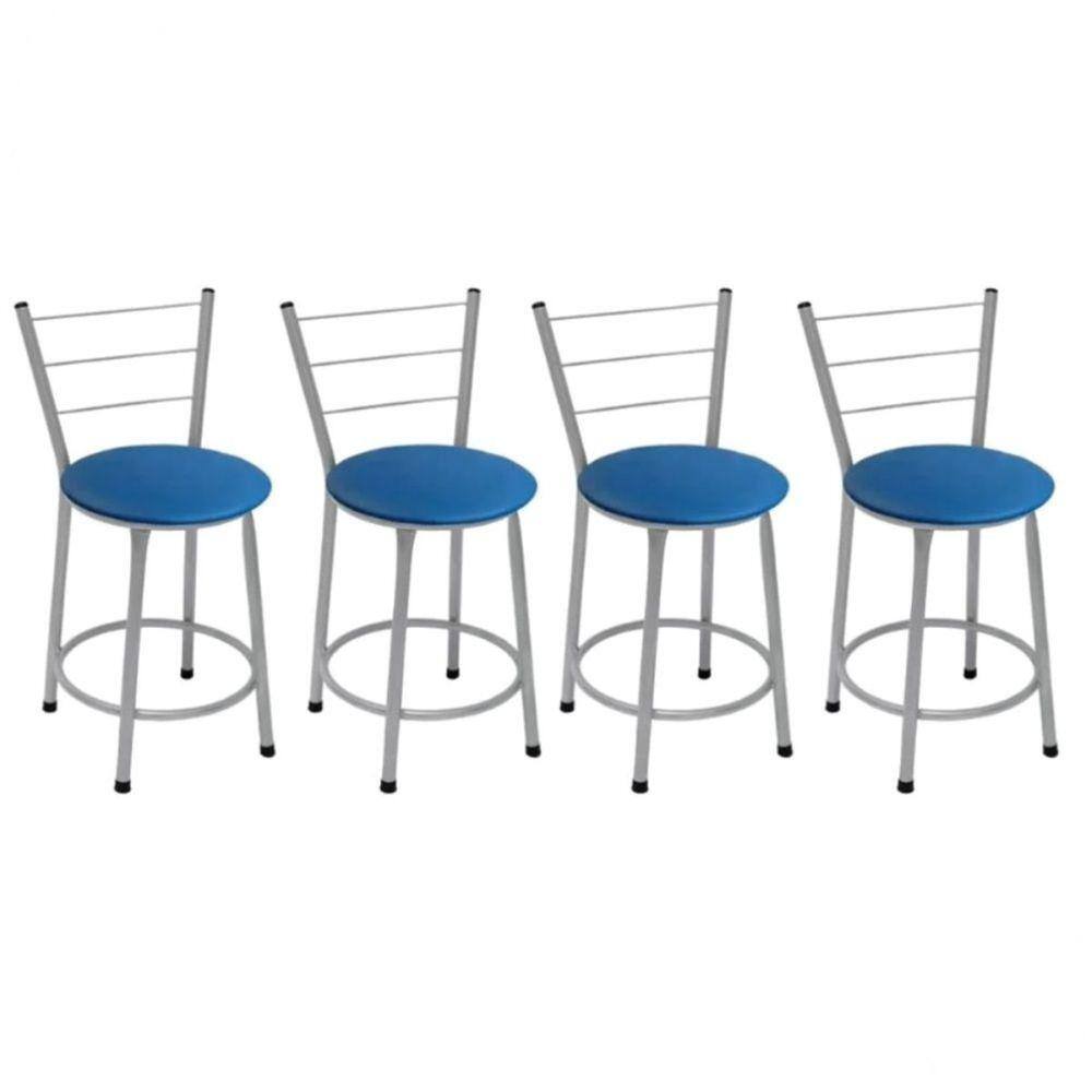 Kit 4 Banquetas Baixas Prata com Encosto Assento Azul