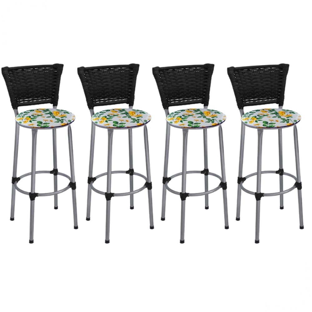 Kit 4 Banquetas Altas Prata com Encosto Junco Preto Assento Floral Branco
