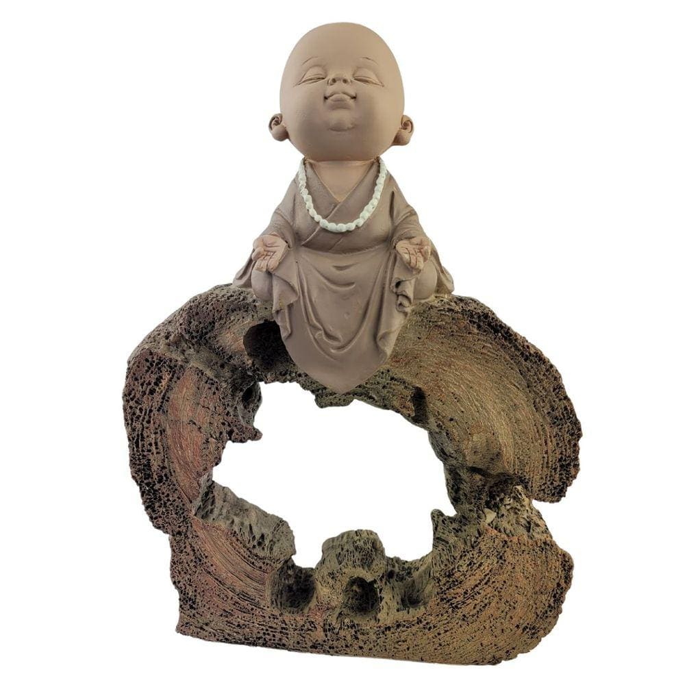 Artigo Religioso Estátua Resina Buda Monge Budista Tibetano Meditando Sentado Tronco Marrom