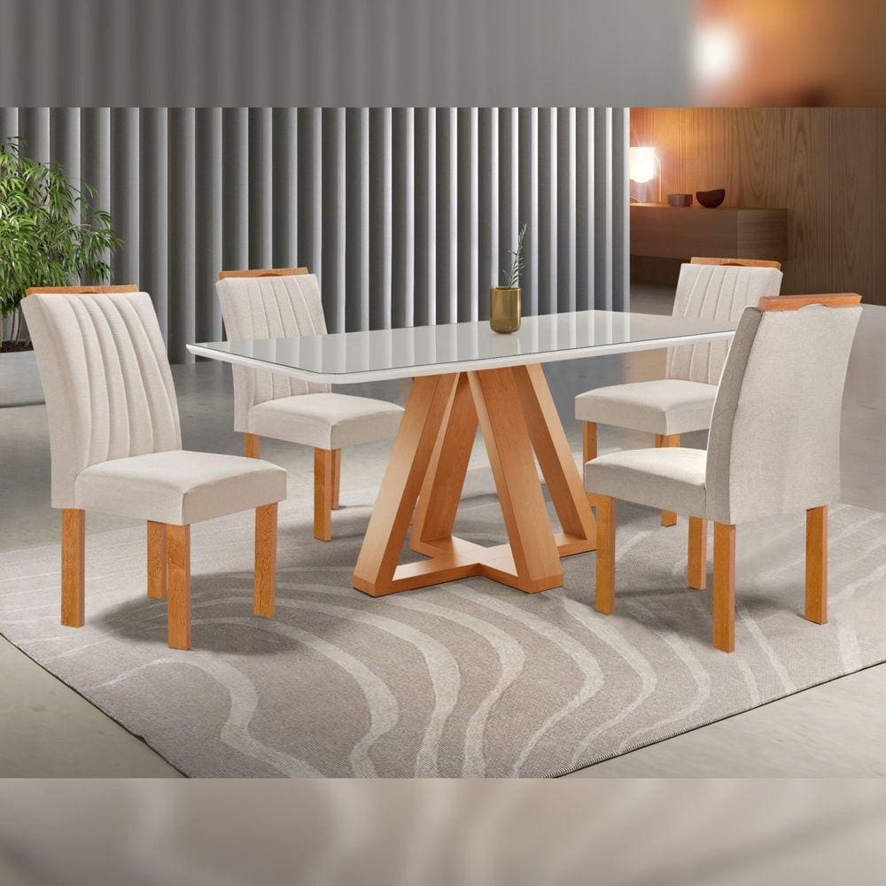 Conjunto Mesa Tampo Smart Plus Vidro Kyra 120cmx90cm 4 Cadeiras Arizona Cinamomo/Off White/Suede Bege
