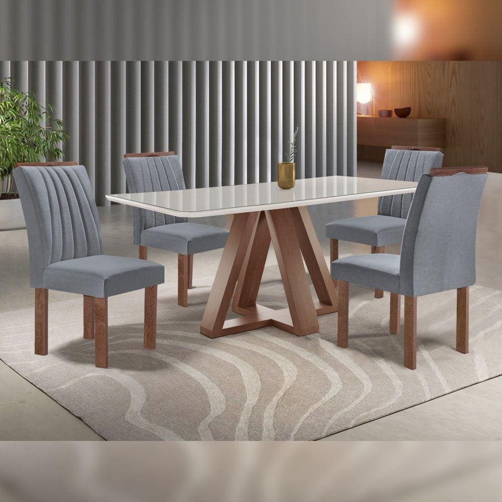 Conjunto Mesa Tampo Smart Plus Vidro Kyra 120cmx90cm 4 Cadeiras Arizona Chocolate/Off White/Suede Cinza
