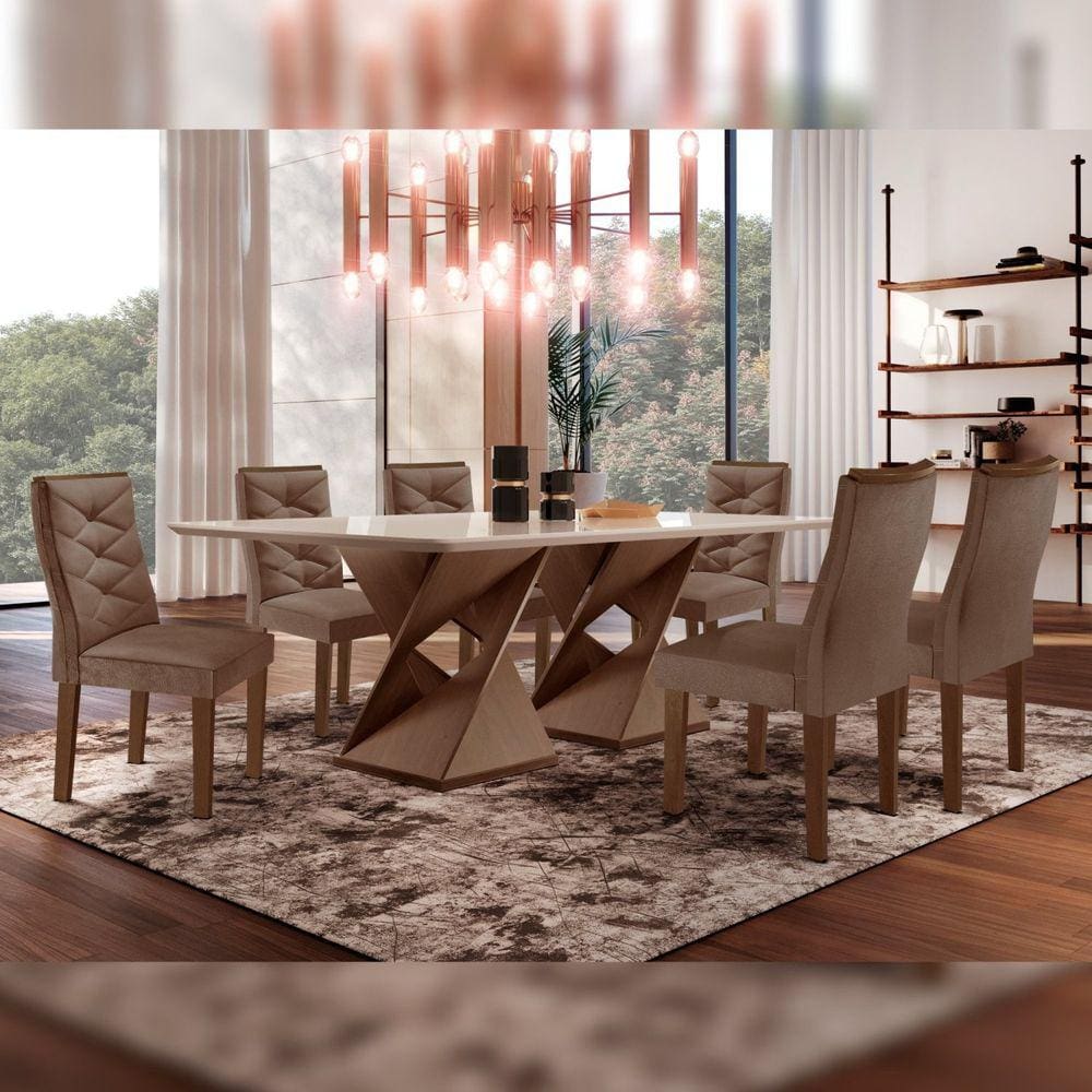 Mesa Tampo Smart Plus Vidro 170cmx90cm 6 Cadeiras Barcelona Chocolate/Off White/Suede Animale