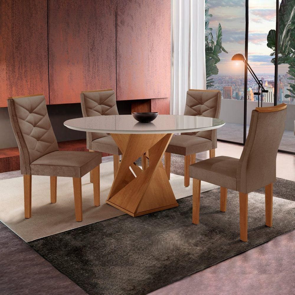 Mesa Tampo Slim Plus Vidro 100cmx100cm 4 Cadeiras Barcelona Cinamomo/Off White/Suede Animale