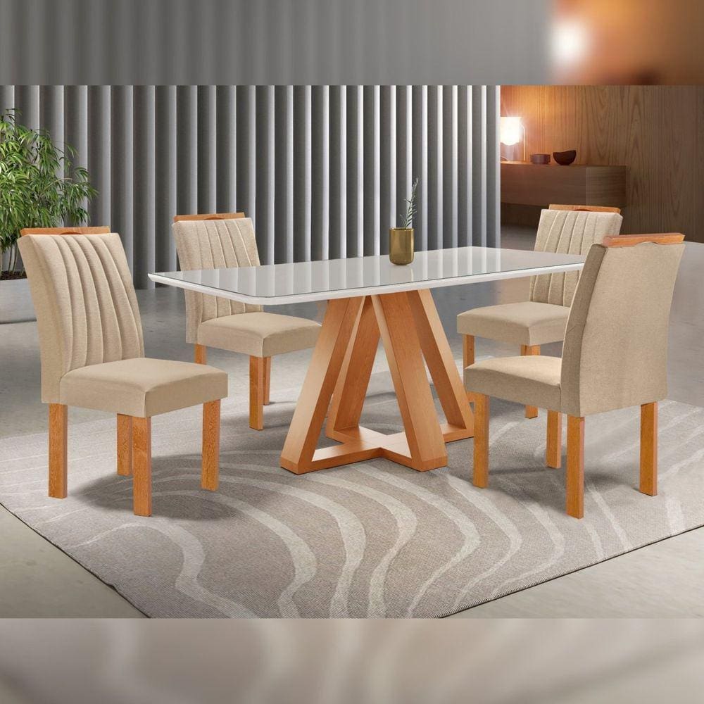 Conjunto Mesa Tampo Smart Plus Vidro Kyra 120cmx90cm 4 Cadeiras Arizona Cinamomo/Off White/Suede Cru