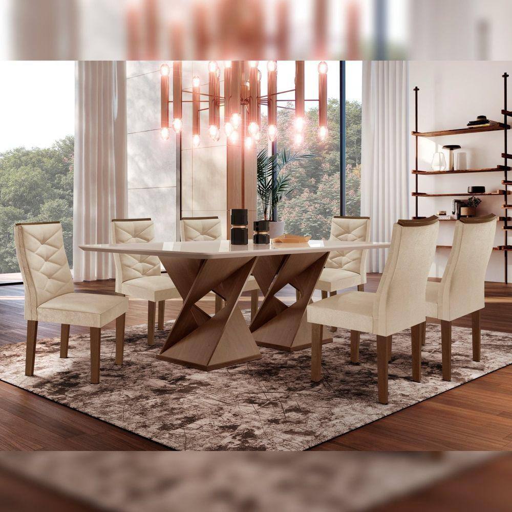 Mesa Tampo Smart Plus Vidro 170cmx90cm 6 Cadeiras Barcelona Chocolate/Off White/Suede Pena
