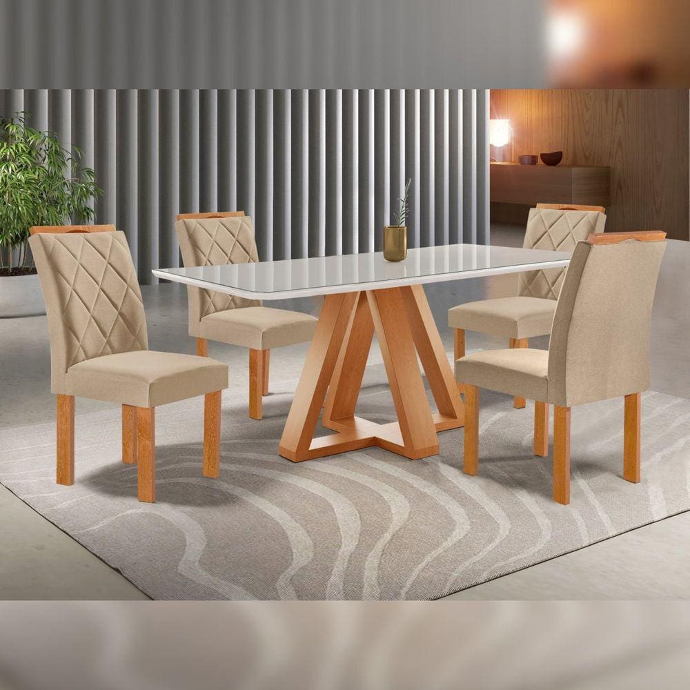 Conjunto Mesa Tampo Smart Plus Kyra 120cmx90cm 4 Cadeiras Arthus Cinamomo/Off White/Suede Cru