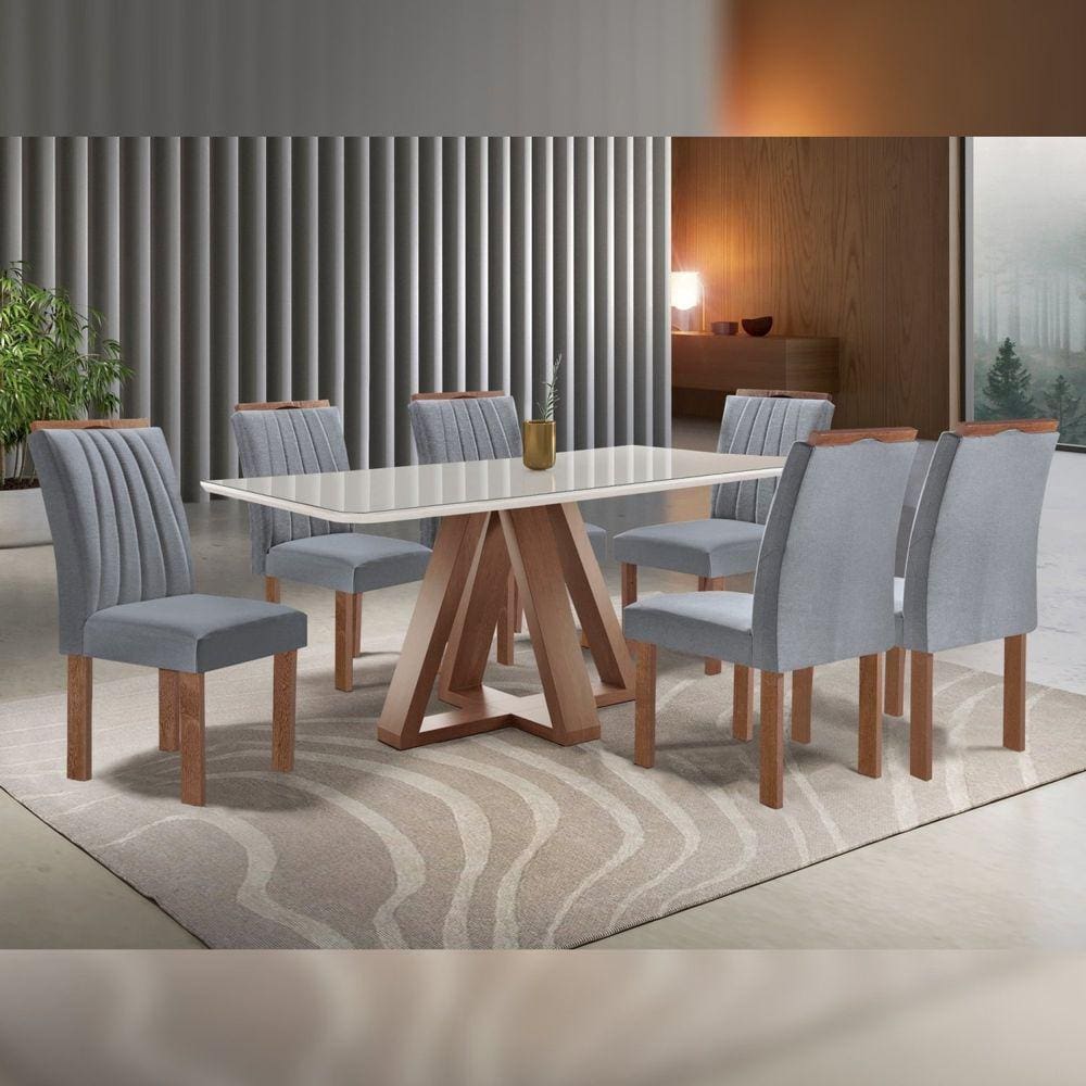 Conjunto Mesa Tampo Smart Plus Vidro Kyra 170cmx90cm 6 cadeiras Arizona Chocolate/Off White/Suede Cinza