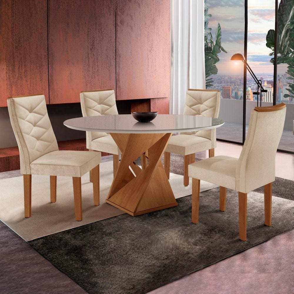 Mesa Tampo Slim Plus Vidro 100cmx100cm 4 Cadeiras Barcelona Cinamomo/Off White/Suede Pena