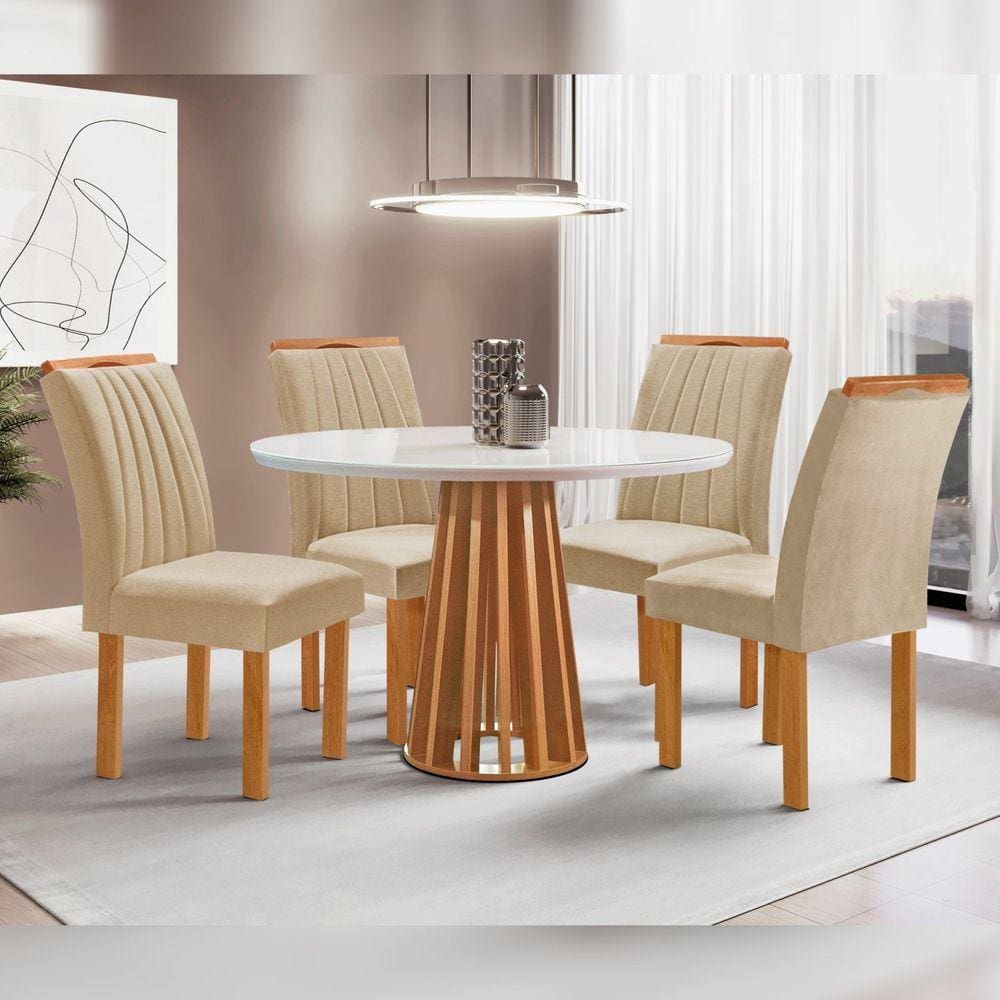 Conjunto Mesa Tampo Redondo Plus Vidro Kansas 100cm 4 Cadeiras Arizona Cinamomo/Off White/Suede Cru