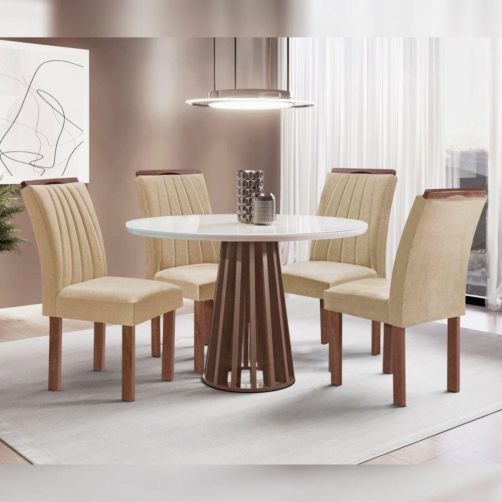 Conjunto Mesa Tampo Redondo Plus Vidro Kansas 100cm 4 Cadeiras Arizona Chocolate/Off White/Suede Cru