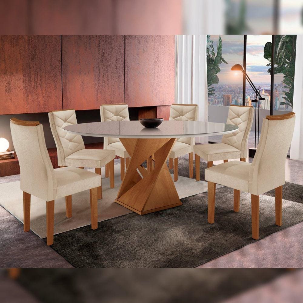 Mesa Tampo Redondo Plus Vidro 120cmx120cm 6 Cadeiras Barcelona Cinamomo/Off White/Suede Pena